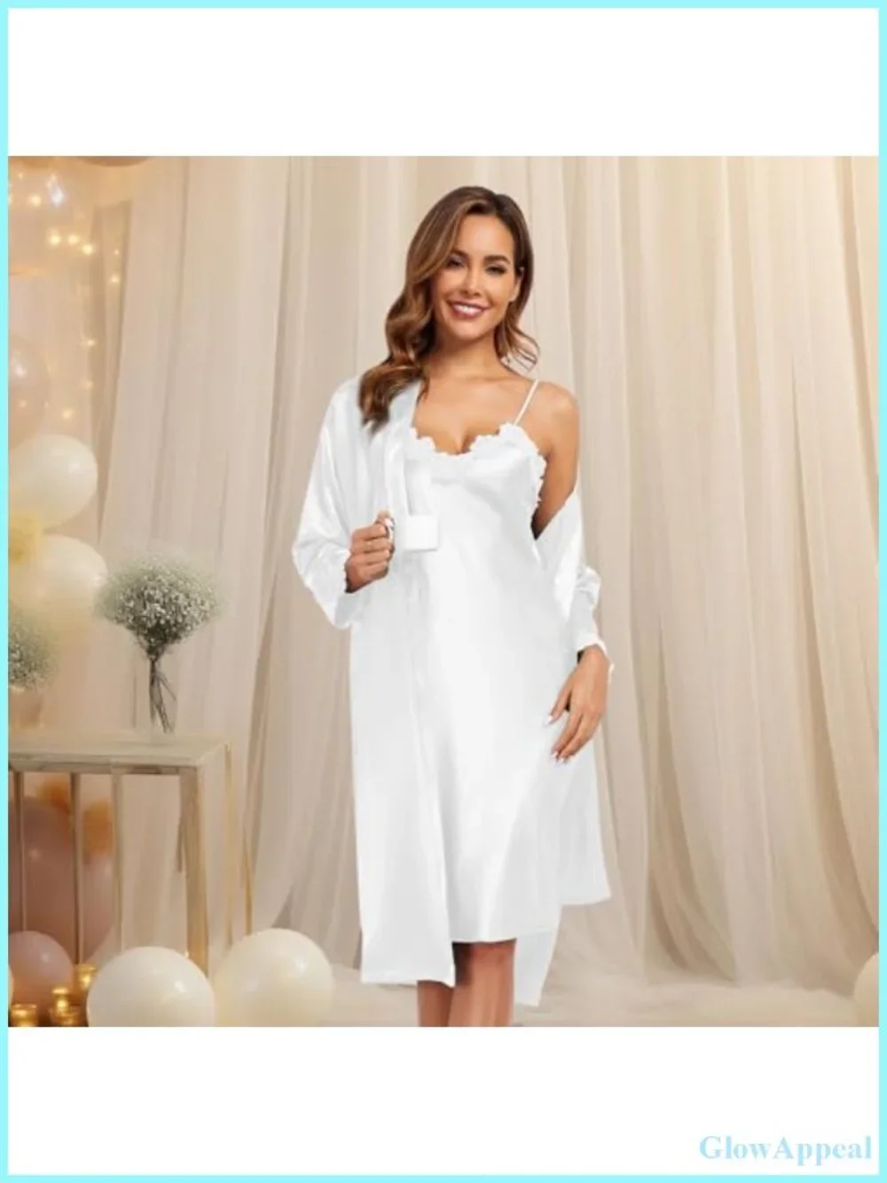 2-Piece Satin Nightgown & Robe Set Lace Trim V-Neck Adjustable Straps